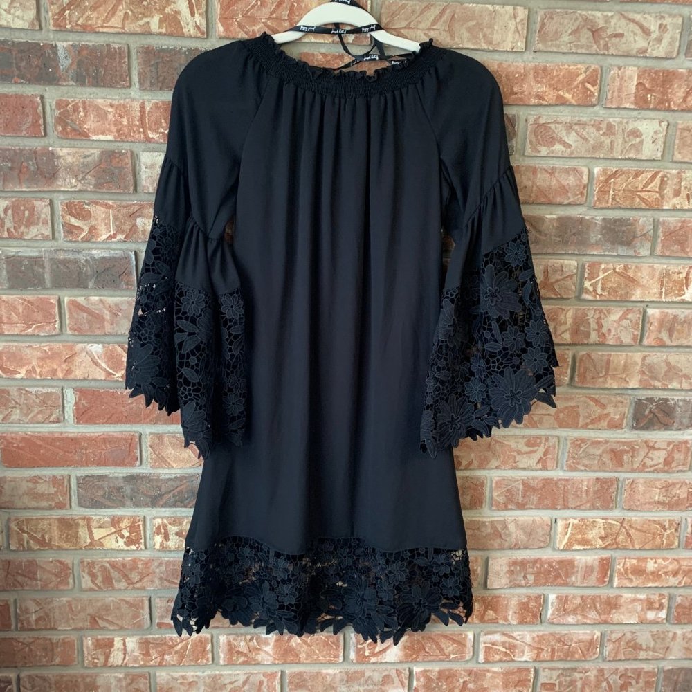 Joseph Ribkoff Guipure Bell Sleeve Women's X-Small Lace Trim A-Line Black Dress - Picture 5 of 15
